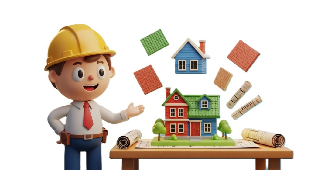 3d cartoon character showing architecture of housr