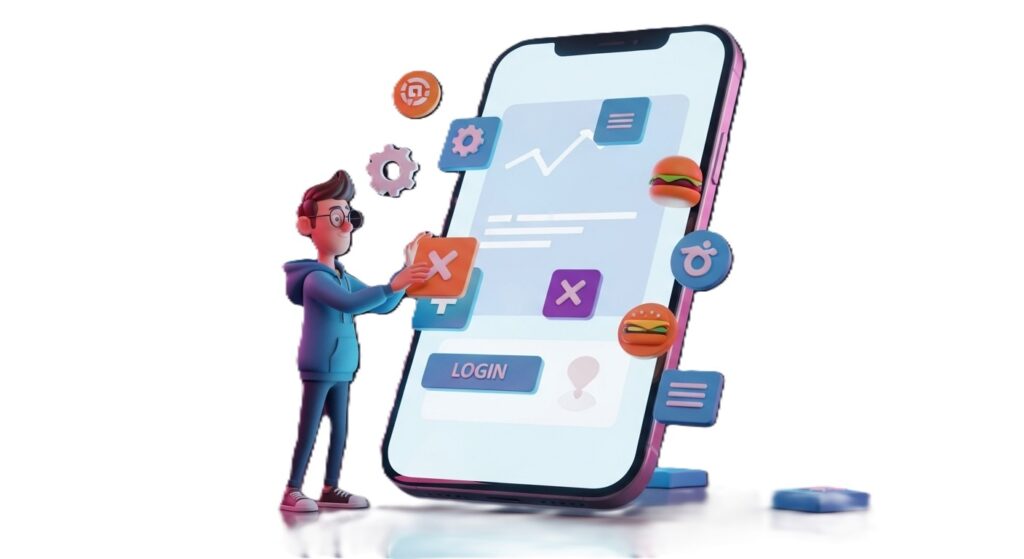 cartoon character looking at mobile screen